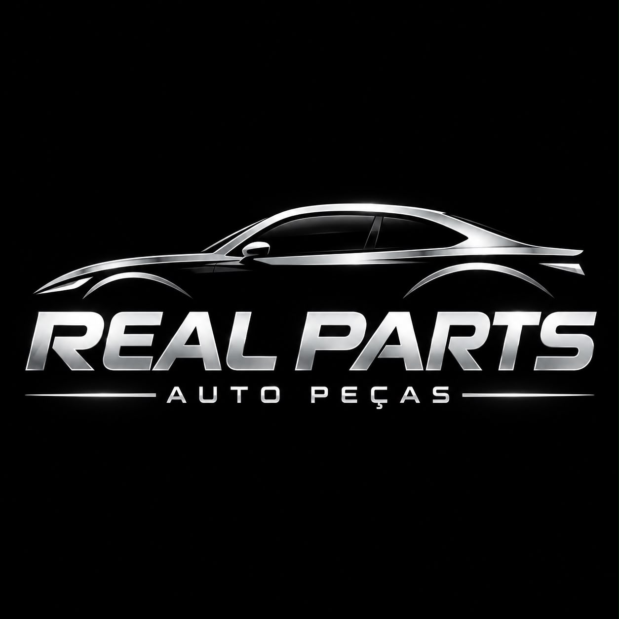 Real Parts Auto Peças — logo com silhueta de automóvel prateado